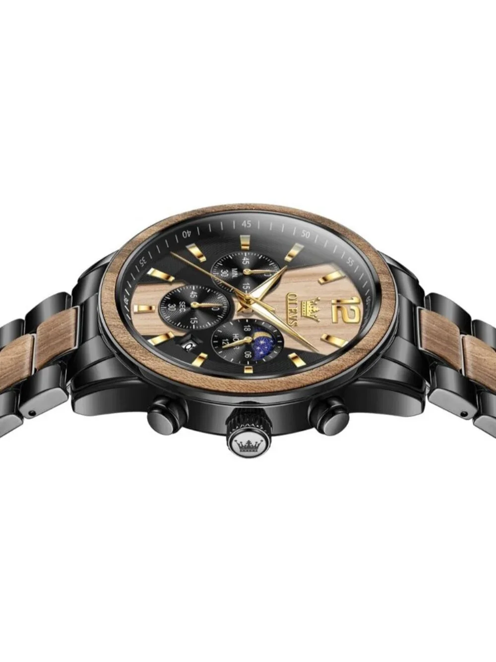 Men's Black Quartz Stainless Steel Waterproof Luminous Date Luxury Wooden Watch